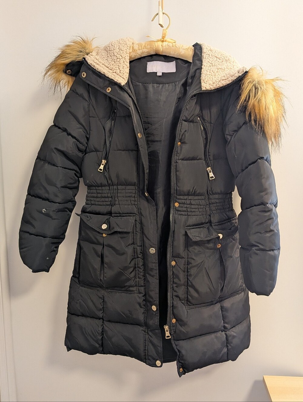 Madden Girl Black Puffer Coat with Faux Fur Trim